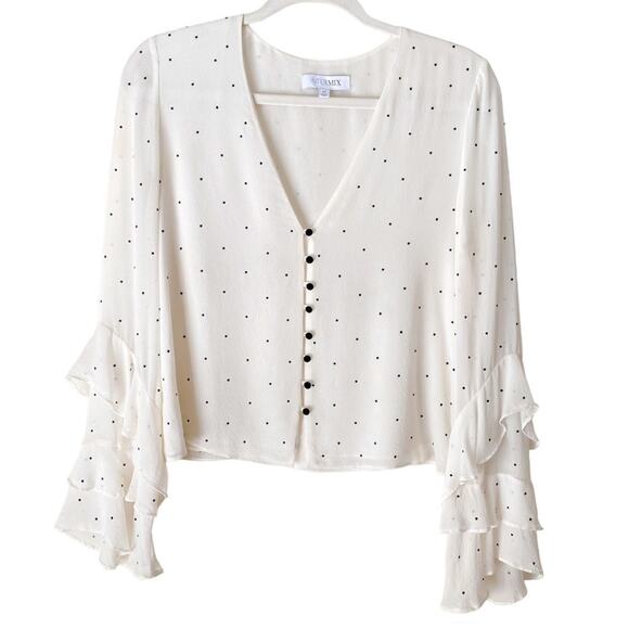 INTERMIX | Meena Embellished Silk Blouse Polka Dot Ruffle Sleeves White Black M - Picture 4 of 11